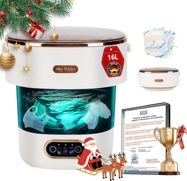 5.0 New Upgraded Portable Washing Machine 16L Mini Foldable Washer [SGS certified German high-efficiency motor] [Hidden UV-C cleaning]Foldable Design Ideal for Hotel, Home, Apartment and Campain