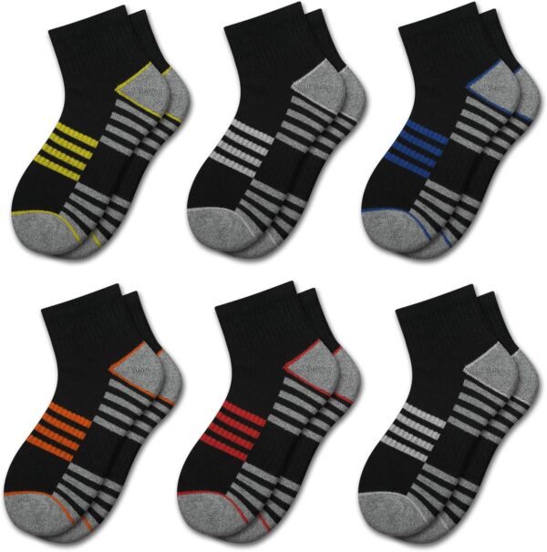 Comfoex Boys Athletic Quarter Socks - Ankle Sports Socks With Cushioned Sole - 6 Pairs, Sizes 4-6, 6-8, 8-10 Years Old