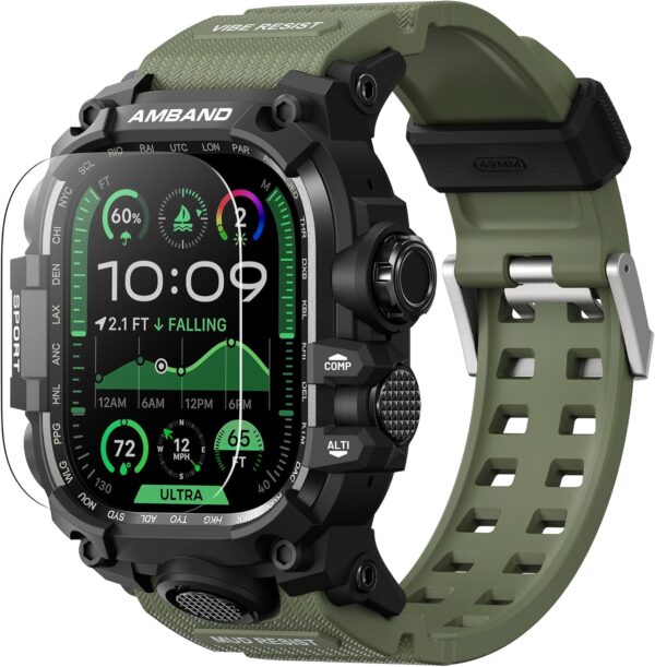 amBand Rugged Case with Band for Apple Watch Ultra 3/2/1 49mm, M3 Military Grade Shockproof Cover, Includes Screen Protector Kit, Tactical Band for Men - Compatible with iWatch Ultra, Army Green
