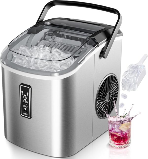 EUHOMY Ice Maker Countertop with Carry Handle, 9 Cubes Ready in 6 Mins, 26.5lbs/24H, Self-Cleaning, 2 Sizes of Bullet Ice with Basket and Scoop, Portable Ice Maker Machine for Home, Kitchen, Office