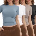 Dalavch 4 Pack Women's Workout Shirts Compression Short Sleeve Crew Neck Running Yoga Gym Athletic Fitted Crop T-Shirts Top