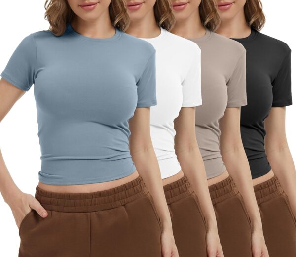 Dalavch 4 Pack Women's Workout Shirts Compression Short Sleeve Crew Neck Running Yoga Gym Athletic Fitted Crop T-Shirts Top