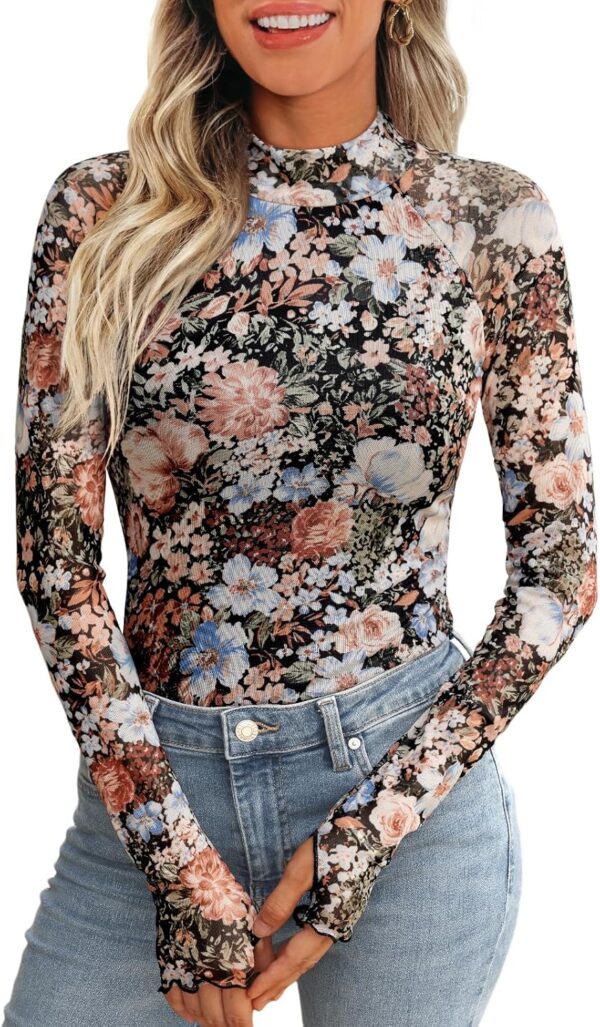 Dealmore Lace Sheer Floral Mesh Mockneck Going Out Tops for Women Fall Fashion Spring Outfits 2026 Clothes