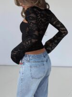 Women's Lace Long Sleeve Going Out Tops Sexy Y2K Crew Neck Cutout Double Lined Slim Night Out Shirts - Image 4