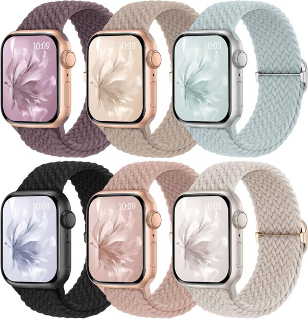 6 Pack Braided Stretchy Bands Compatible with Apple Watch Band 38mm 40mm 41mm 42mm 44mm 45mm 46mm 49mm Women Men, Adjustable Nylon Solo Loop Elastic Straps for iWatch Series 11 10 9 8 7 6 5 4 SE Ultra
