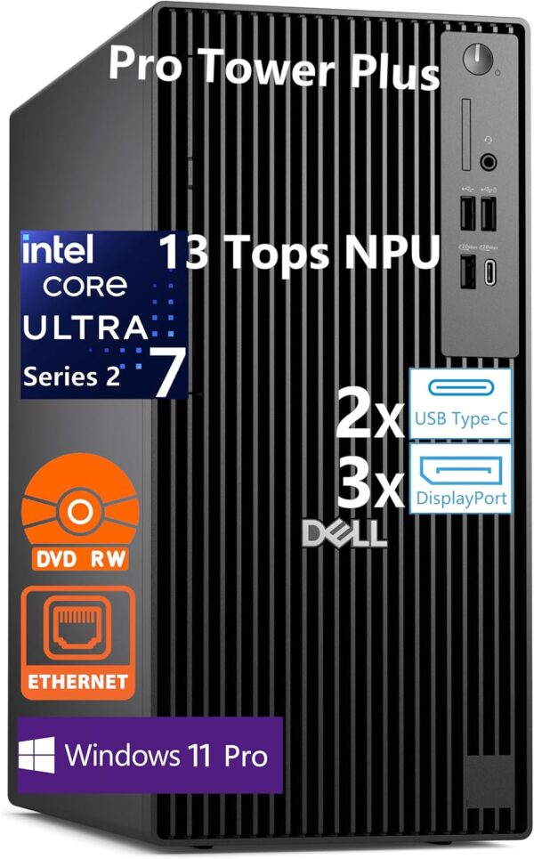 Dell Pro Tower Plus Desktop Computers, Intel 20-Core Ultra 7 265 (13 Tops NPU), 32GB DDR5 RAM, 1TB PCIe SSD, Copilot AI Business PC, DVDRW, 3 DisplayPorts, 2 Type-C, Windows 11 Pro