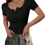 PRETTYGARDEN Women's 2026 Fall Summer Short Sleeve Tops Ribbed Henley Button Slim Fit Basic Casual T Shirts Blouse Clothing