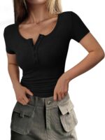 PRETTYGARDEN Women's 2026 Fall Summer Short Sleeve Tops Ribbed Henley Button Slim Fit Basic Casual T Shirts Blouse Clothing