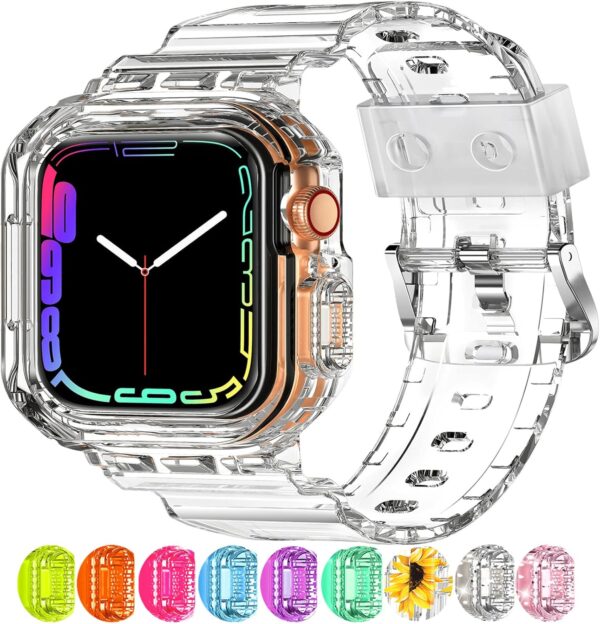 XYF Compatible for Crystal Clear Apple Watch Bands, 49mm 46mm 45mm 44mm 42mm 41mm 40mm 38mm Bumper Case for Men Women Jelly Sport Cover Strap for iWatch Ultra 3 2 Series 11 10 9 8 7 SE 6 5 4 3