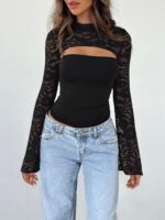Women's Lace Long Sleeve Going Out Tops Sexy Y2K Crew Neck Cutout Double Lined Slim Night Out Shirts - Image 2