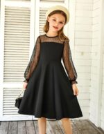 Suggest a better title and return a single title only without any other comments: Arshiner Girl's Contrast Mesh Puff Long Sleeve High Waist A Line Short Dress with Pockets for 6-13 Years - Image 2