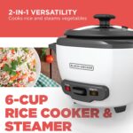 BLACK+DECKER Rice Cooker 6-Cup (Cooked) with Steaming Basket, Removable Non-Stick Bowl, White - Image 2