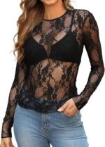 OFEEFAN Womens Mesh Tops Lace Long Sleeve Shirts Crewneck Slim Fitted Outfits See Through Blouses - Image 3