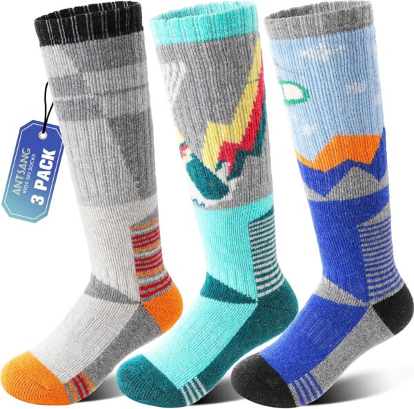 ANTSANG 3 Pairs Kids Merino Wool Ski Socks Boys Girls Thermal Thick Warm Winter Cozy Socks for Skiing Snowboarding