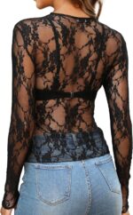 OFEEFAN Womens Mesh Tops Lace Long Sleeve Shirts Crewneck Slim Fitted Outfits See Through Blouses - Image 4