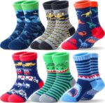Kids Boys Toddlers Fuzzy Slipper Socks with Grips Non Slip Warm Fluffy Winter Thick Fun Cozy Hospital Socks 6 Pairs