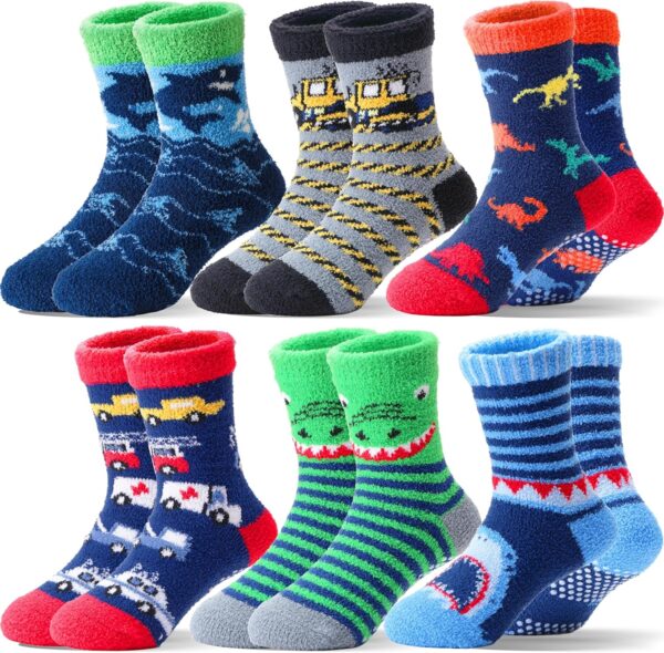 Kids Boys Toddlers Fuzzy Slipper Socks with Grips Non Slip Warm Fluffy Winter Thick Fun Cozy Hospital Socks 6 Pairs