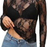 OFEEFAN Womens Mesh Tops Lace Long Sleeve Shirts Crewneck Slim Fitted Outfits See Through Blouses