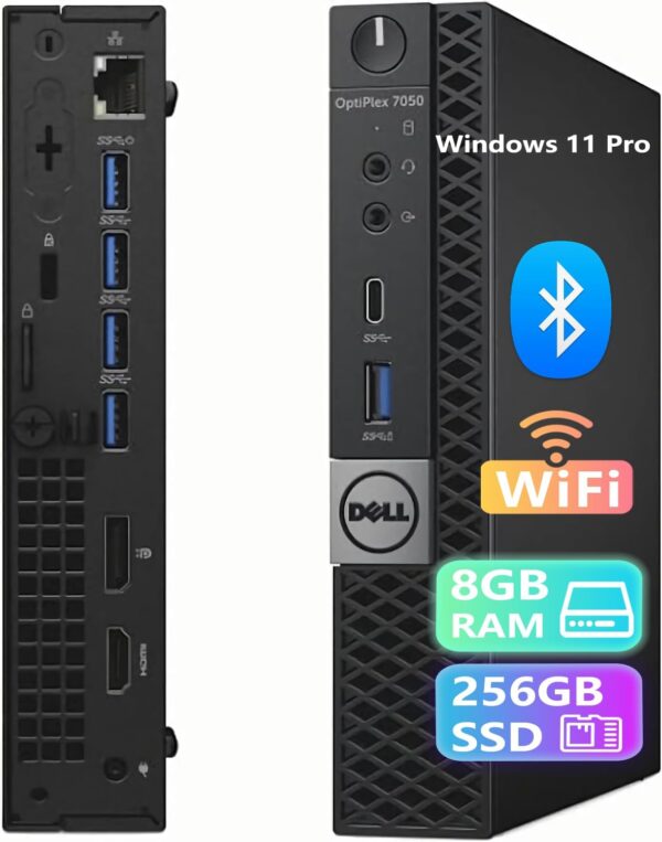 Dell Optiplex 7050 Mini Desktop PC Computer, Core i7-6700, 8GB RAM, 256GB SSD, Keyboard, Mouse, USB WiFi+BT, Windows 11 Pro 64 Bit-Multi-Language (Renewed)