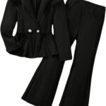Suggest a better title and return a single title only without any other comments: OYOANGLE Girl's Formal Wear 2 Piece Outfits Button Ruffle Hem Puff Sleeve Blazer and Flare Pants Suit Set