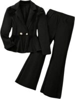 Suggest a better title and return a single title only without any other comments: OYOANGLE Girl's Formal Wear 2 Piece Outfits Button Ruffle Hem Puff Sleeve Blazer and Flare Pants Suit Set