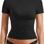 YEOREO Women Fitted Workout Tops Short Sleeve Double Lined Basic Y2K Going Out Crew Neck Compression Crop Top