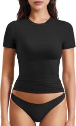 YEOREO Women Fitted Workout Tops Short Sleeve Double Lined Basic Y2K Going Out Crew Neck Compression Crop Top
