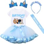 Suggest a better title and return a single title only without any other comments: Birthday Girls Outfit T-Shirt Tutu Skirt Sets with Blue Ears Hair Clips Headband and Satin Sash…
