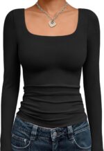 Trendy Queen Womens Long Sleeve Shirts Crop Tops Fall Fashion Solid Square Neck Going Out Basics Tees Y2k Clothes