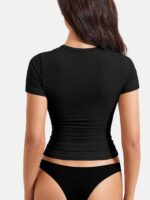 YEOREO Women Fitted Workout Tops Short Sleeve Double Lined Basic Y2K Going Out Crew Neck Compression Crop Top - Image 4