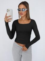 Trendy Queen Womens Long Sleeve Shirts Crop Tops Fall Fashion Solid Square Neck Going Out Basics Tees Y2k Clothes - Image 2