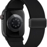 Stretchy Band Compatible with Apple Watch Bands 40mm 38mm 41mm 42mm 44mm 45mm 46mm 49mm Women Men,Magnetic Clasp Nylon Elastic Sport Strap for iWatch Series 11 10 9 8 7 6 5 4 3 SE SE2 SE3 Ultra,Black