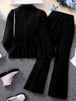 Suggest a better title and return a single title only without any other comments: OYOANGLE Girl's Formal Wear 2 Piece Outfits Button Ruffle Hem Puff Sleeve Blazer and Flare Pants Suit Set - Image 2