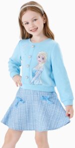 Suggest a better title and return a single title only without any other comments: Disney Frozen Elsa Stitch Princess Moana Minnie Toddler Girl 2 Piece Outfit Kid Pearl Button Knit Top & Tweed Skirt Set 2-13Y - Image 2