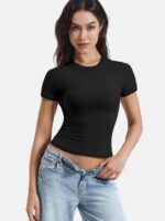 YEOREO Women Fitted Workout Tops Short Sleeve Double Lined Basic Y2K Going Out Crew Neck Compression Crop Top - Image 5