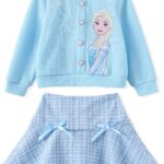 Suggest a better title and return a single title only without any other comments: Disney Frozen Elsa Stitch Princess Moana Minnie Toddler Girl 2 Piece Outfit Kid Pearl Button Knit Top & Tweed Skirt Set 2-13Y