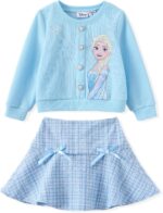Suggest a better title and return a single title only without any other comments: Disney Frozen Elsa Stitch Princess Moana Minnie Toddler Girl 2 Piece Outfit Kid Pearl Button Knit Top & Tweed Skirt Set 2-13Y