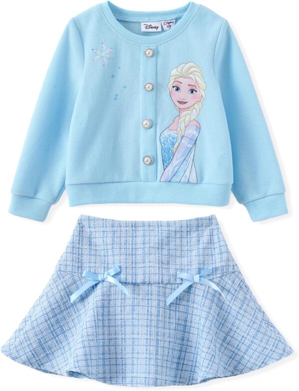 Suggest a better title and return a single title only without any other comments: Disney Frozen Elsa Stitch Princess Moana Minnie Toddler Girl 2 Piece Outfit Kid Pearl Button Knit Top & Tweed Skirt Set 2-13Y