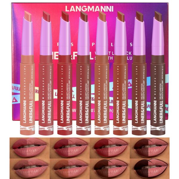 LANGMANNI 8Pcs 2-in-1 Velvet Matte Lipstick Set | All-in-One Lip Liner & Full-Size Lipstick in Unique Teardrop Shape,Gift For Women Makeup Set